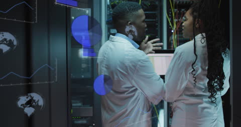 IT Technicians Collaborating in Server Room with Futuristic Data Overlays