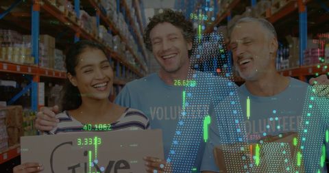 Diverse Happy Warehouse Employees with Financial Graph Overlay - Download Free Stock Images Pikwizard.com