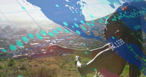 Woman runner stretching on urban hillside with digital data overlay and earbuds