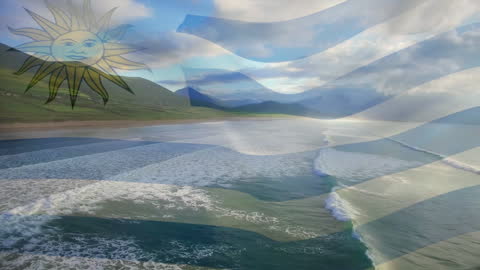 Aerial Coastal View Overlay with Waving Uruguay Flag