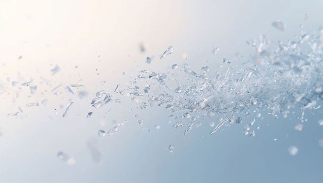 Shattering crystal shards midair with bokeh blur and soft blue-pastel gradient