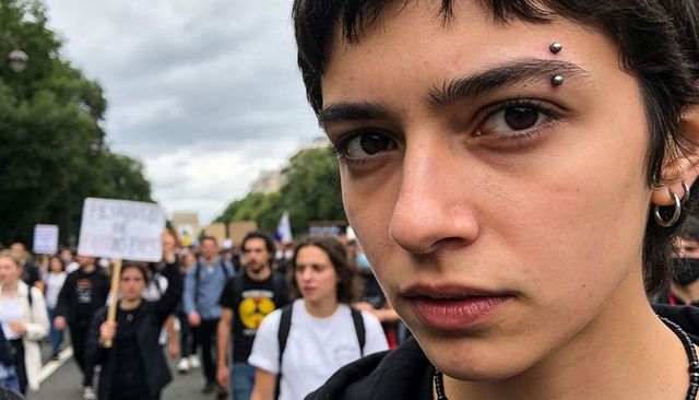 Close-up young protester with eyebrow studs leading urban march with crowd and placards