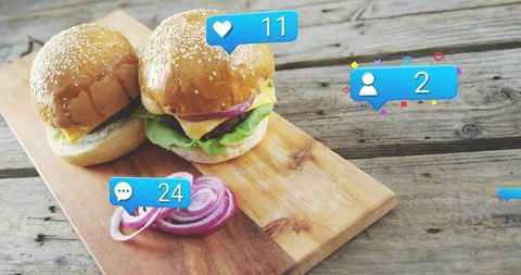 Gourmet Burgers with Social Media Engagement Icons