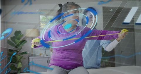 Older Woman Performing Resistance Band Rehab While Therapist Guiding with Augmented Reality HUD