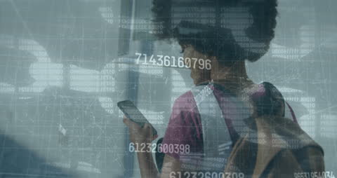 Woman Using Smartphone with Financial Data Overlay