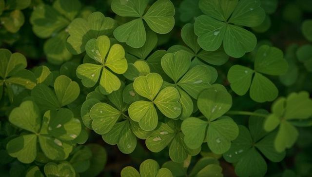 Lush Clover Cluster with Heart-Shaped Leaflets, Dew Drops and Delicate Vein Texture