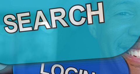 Smiling man peeking behind turquoise web interface with search and login buttons