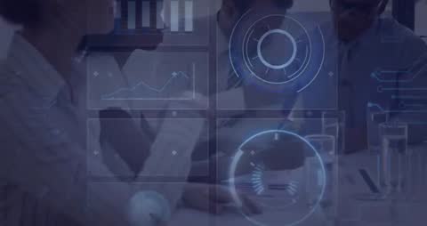 Collaborative Business Meeting with Futuristic HUD Interface