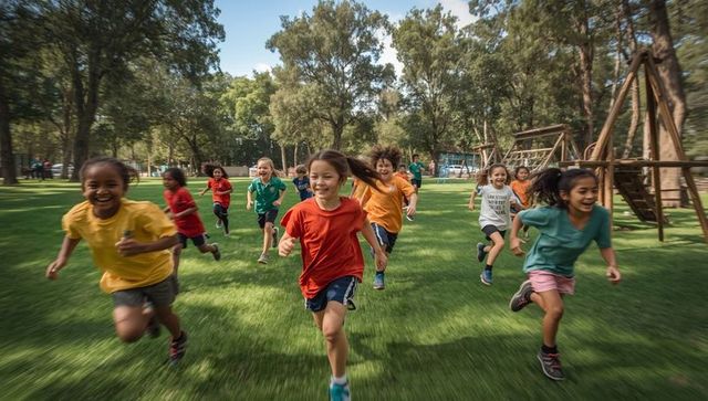 Joyful children running in park with climbing frames