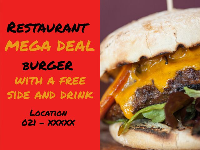 Ideal for restaurants advertising special deals, this image captures a tempting cheeseburger with vivid colors. Perfect for promoting limited-time offers, dining specials, and fast-food promotions. Suitable for social media ads, menu designs, and catering services.