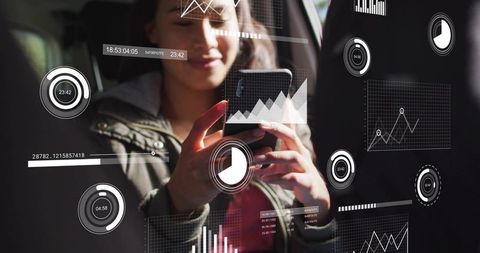 Passenger using smartphone with augmented reality analytics in rear car seat, futuristic hud