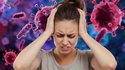 Woman Experiencing Headache, Surrounded by Virus Models, Illustrating Health Concepts