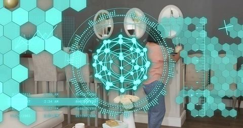 Senior woman interacting with augmented reality holographic hud in modern dining interior