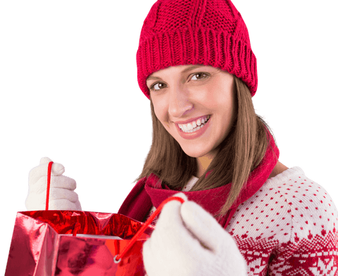 Excited Woman Opening Red Gift with Festive Attire on Transparent Background