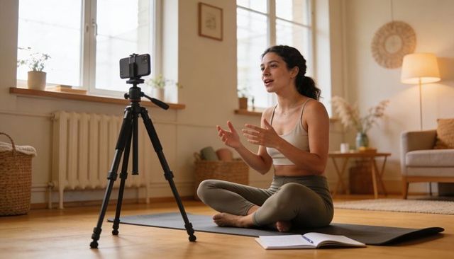 Recording Home Yoga Instructor Teaching Online Wellness Class from Cozy Living Room