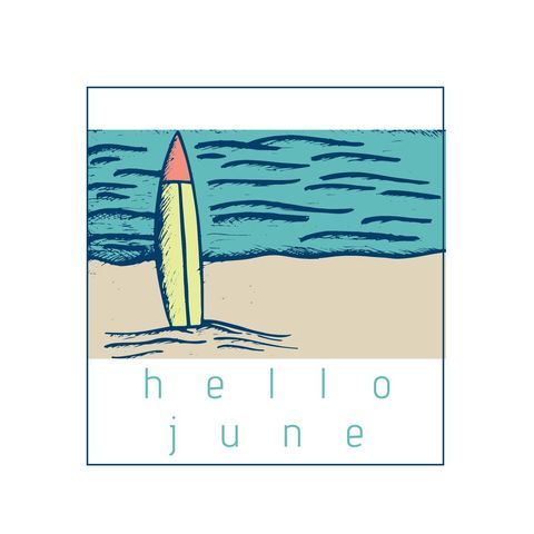 summer surfboard beach illustration with hello june typography - Download Free Stock Templates Pikwizard.com