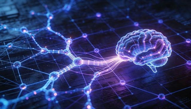 Neon neural network brain connecting glowing nodes across cybernetic circuit grid