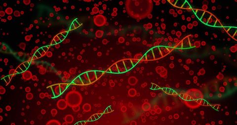 Colorful DNA Helixes Floating Over Cellular Background