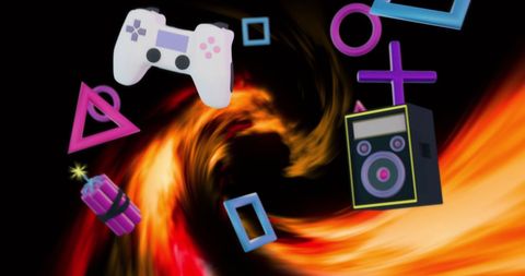 Abstract Gaming Elements in Fiery Swirl Background