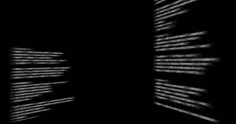 Bisected digital corridor showing rgb glitch strips and chromatic noise