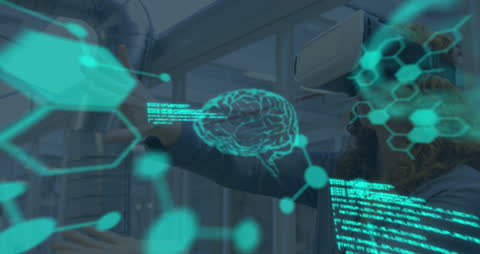 Woman with VR Headset Experiments with Data Visualization