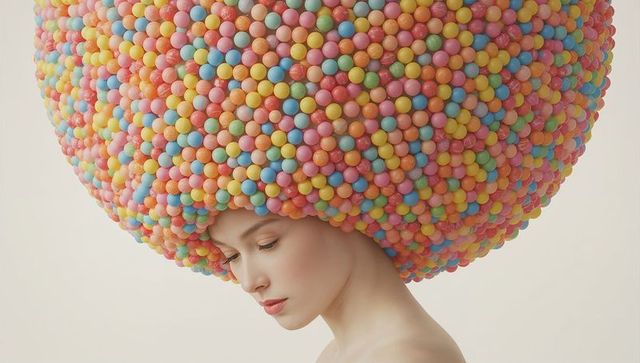 Surreal Pastel Beaded Dome Headpiece on Model, Minimalist Editorial Beauty Portrait