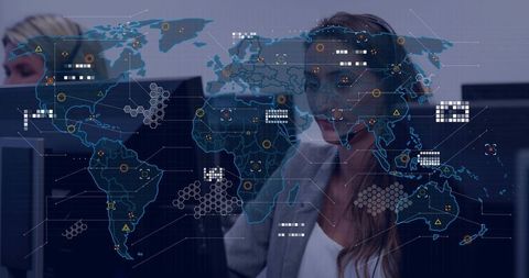 Customer Support Team Monitoring Global Data Network with Headset and Digital Map Overlay