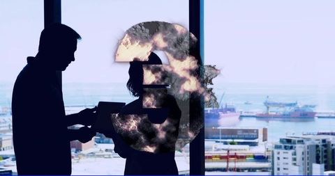 Business teamwork with euro symbol hologram over silhouetted executives in harbor office