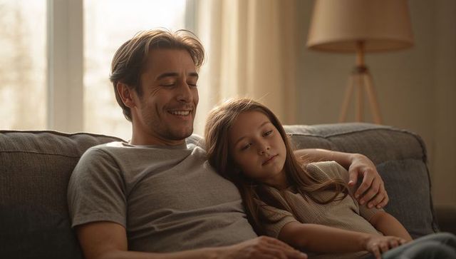 Father and Daughter Sharing Quiet Cozy Evening on Sofa, Relaxing and Bonding at Home