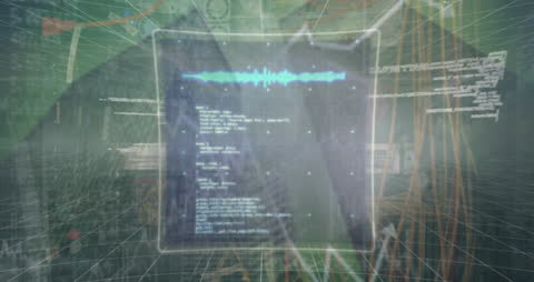 Financial Data Processing Over Cityscape Animation