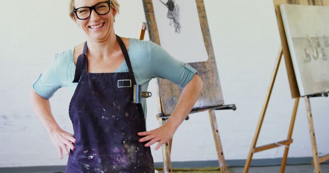 Confident Female Artist Smiling in Studio with Canvas Paintings - Download Free Stock Images Pikwizard.com