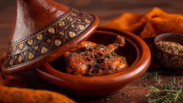 Roasted chicken legs resting in moroccan tagine garnished with rosemary and warm spices