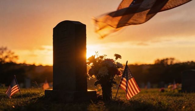 Sunset memorial american flag and flowers beside military headstone, patriotic tribute