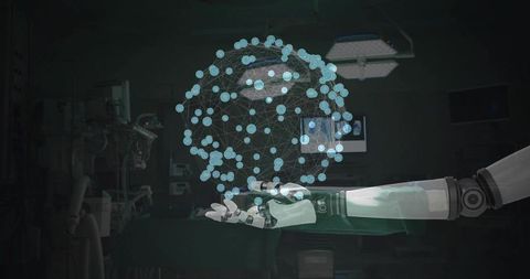Robotic forearm holding neural hologram sphere in futuristic medical research lab surgical