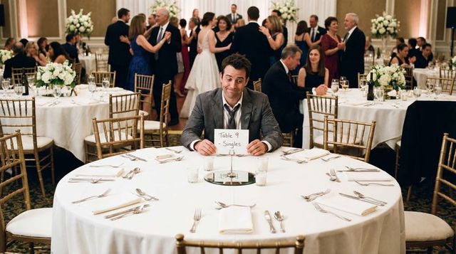 Bachelor holding table 9 singles sign while ballroom guests dance at elegant wedding night