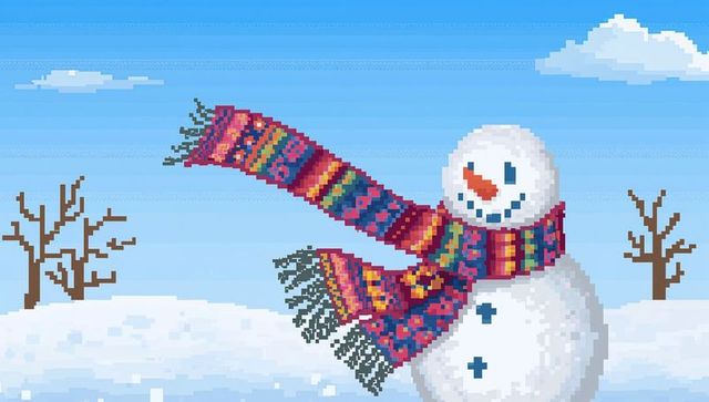 Smiling pixel snowman wearing colorful knitted scarf on snowy park in retro 8-bit style