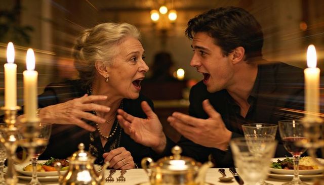 Older woman and young man animatedly talking during candlelit dinner in intimate restaurant