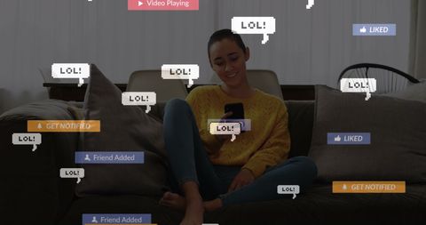Woman engaging with social media on smartphone in cozy home setting