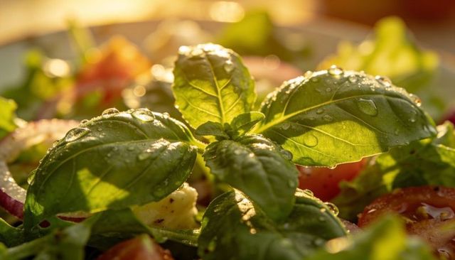Basil sprig glistening with water droplets on fresh caprese salad in warm golden hour light