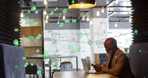 Businessman Engaging with Smartphone Amidst Virtual Network Icons