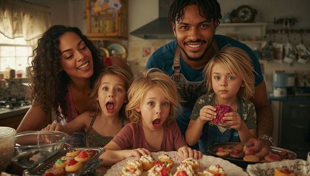 Family decorating colorful cupcakes together in cozy kitchen