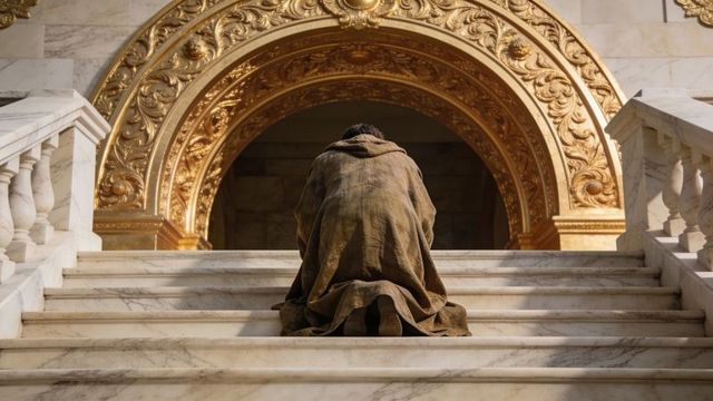 Kneeling cloaked figure gazing toward gilded arch on marble staircase