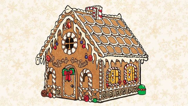 Whimsical gingerbread house with peppermint chimney and icing details