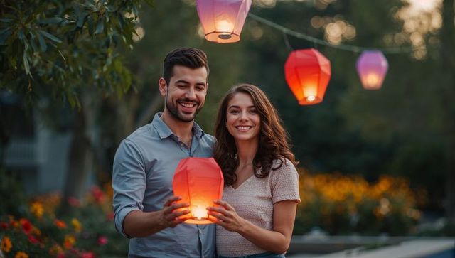 Couple releasing red sky lanterns at dusk in romantic garden celebration