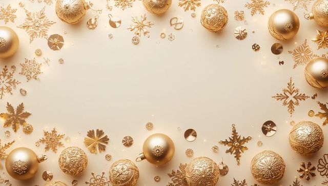 Framing gold holiday ornaments on champagne background for elegant festive design