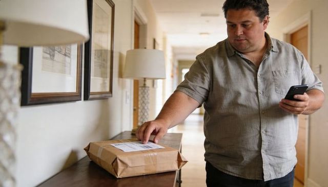 Checking delivery parcel on hallway console while holding smartphone and tracking order