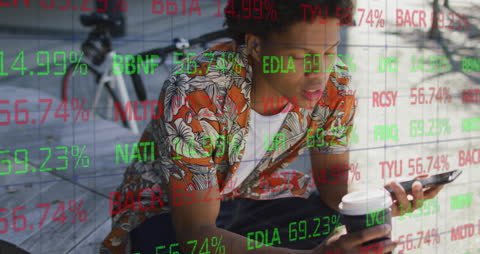 Man Analyzing Stock Market Data Outdoors Over Coffee