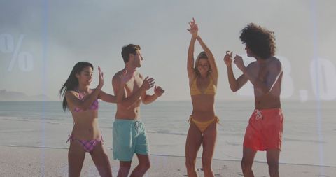 Friends Dancing on Sunny Beach with Financial Data Overlay
