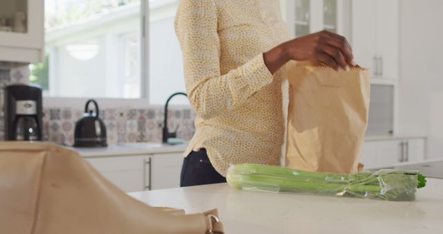 African American Woman Unpacking Groceries in Modern Kitchen - Download Free Stock Images Pikwizard.com