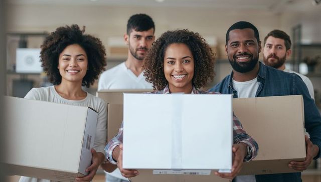 Smiling diverse team holding moving boxes presenting white box for packing and shipping
